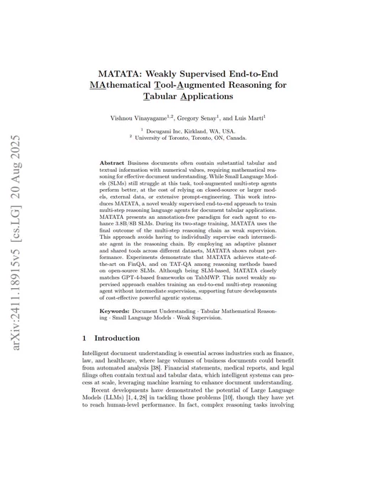 An image of the first page of an academic paper published by Docugami in 2025 describing some of the company's work on lightly-supervised small agentic models. 