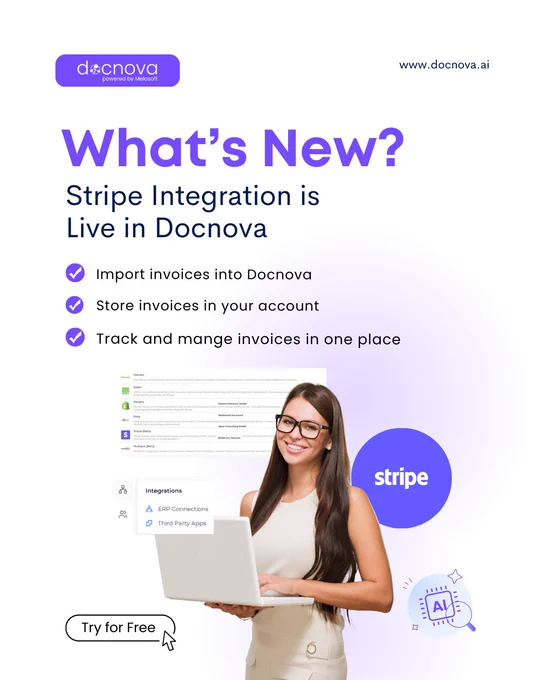 Stripe integration is now available in Docnova. You can now import invoices, keep everything organized in one place, store them directly in your Docnova account.
What you can do now
- Import Stripe invoices into Docnova, keep invoices in one place, track and manage invoices in your portal
Log in → Integrations → Stripe 
Try it now: https://app.docnova.ai/register

#stripe #stripeintegration 