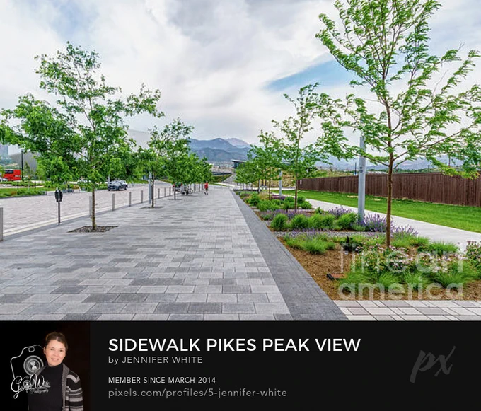 A view looking down a brick sidewalk towards the majestic Pikes Peak of the Rocky Mountains in the background in downtown Colorado Springs, Colorado
@FineArtAmerica 
https://5-jennifer-white.pixels.com/featured/sidewalk-pikes-peak-view-jennifer-white.html
#photography #wallart #buyintoart