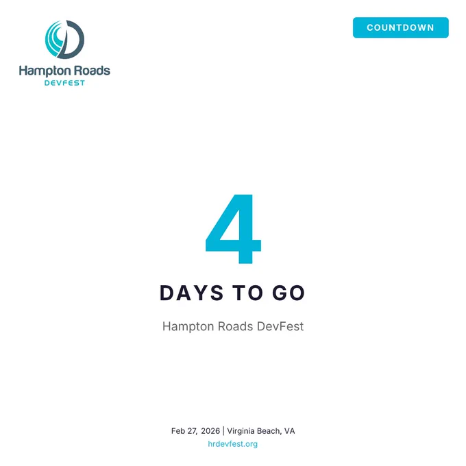 Countdown timer shows 4 days remaining for Hampton Roads DevFest on February 27, 2026, in Virginia Beach, VA.