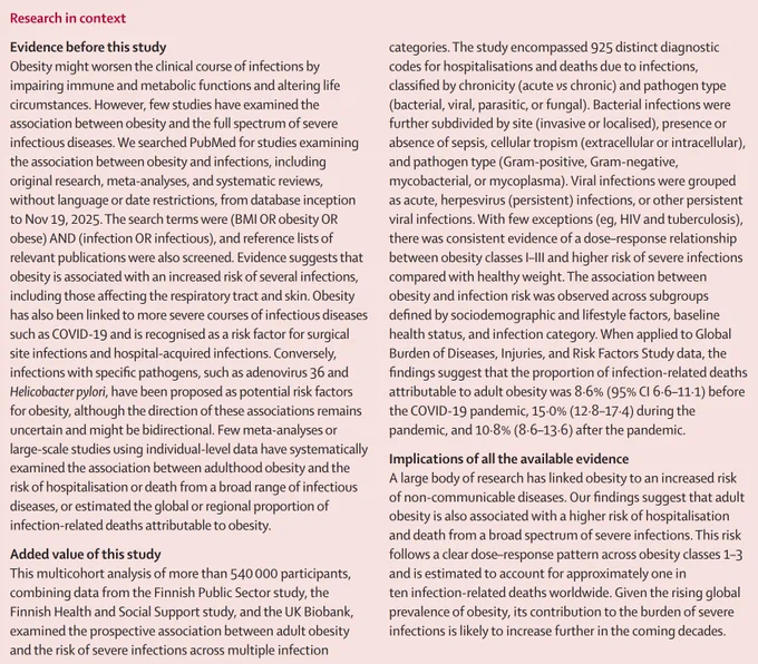 Research in context panel for Lancet paper \"Adult obesity and risk of severe infections: a multicohort study with global burden estimates\". Copyright: 2025 The Author(s). Published by Elsevier Ltd. CC BY 4.0.