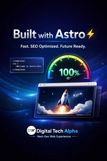 Digital Tech Alpha promo graphic showing “Built with Astro,” a 100% speed meter, and rocket launch symbolizing fast, SEO-ready websites. 🚀