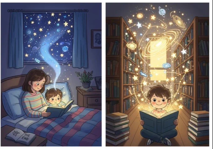 2 images: 
On the left: mom and her kid reading a book in bed. 
On the right: a kid sitting on the floor reading a book. He is surrounded by books. 