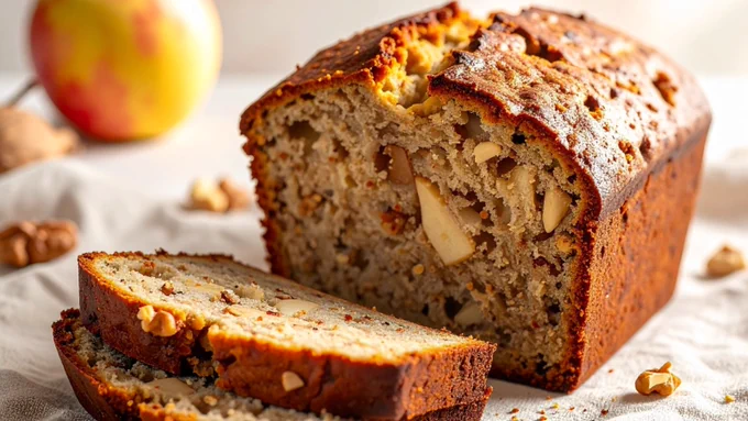 Sliced apple-walnut banana bread with visible apple pieces and walnut crumbs resting on a cloth