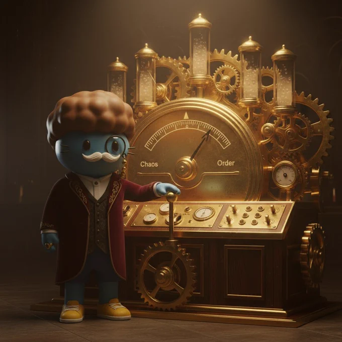 Perfekt. Bleiben wir souverän.

📌 Alt Text (sauber, neutral, hochwertig)

Alt text:

“Blue feline character dressed in a burgundy velvet smoking jacket standing in a dimly lit old-money control chamber. In front of him is a massive gold mechanical device labeled ‘Atmosphere Control’ with exposed gears and brass dials. A large curved scale reads ‘Chaos’ on one side and ‘Order’ on the other, with the needle set near Order. The character calmly rests his hand on a golden control lever.