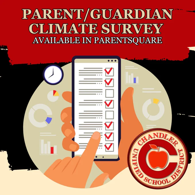 Digital illustration of a phone displaying a checklist with several items checked. Circular data charts are in the background. Text reads "Parent/Guardian Climate Survey Available in ParentSquare." A logo for Chandler Unified School District is shown.