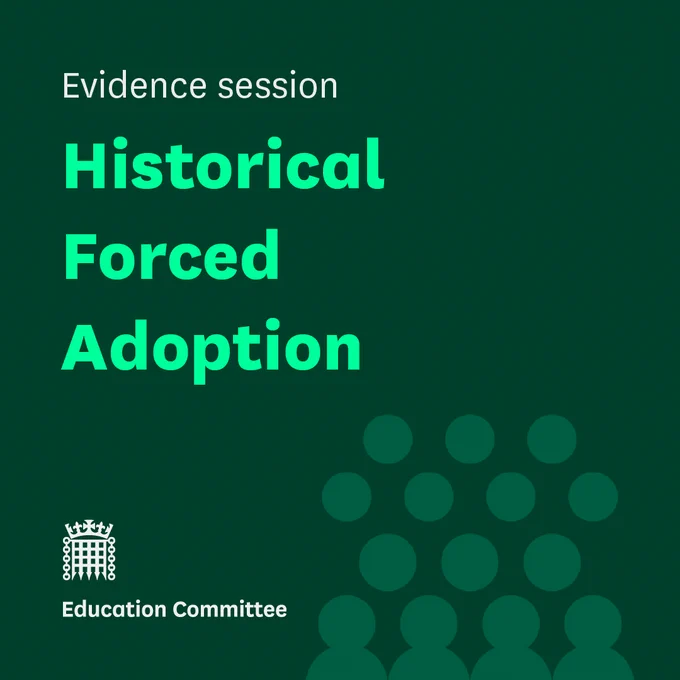 A graphic with text that reads 'Evidence session. Historical Forced Adoption.'