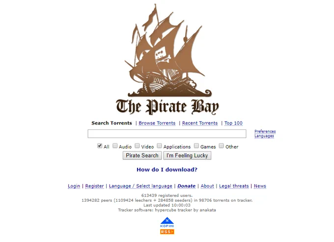 The Pirate Bay homepage in 2005
