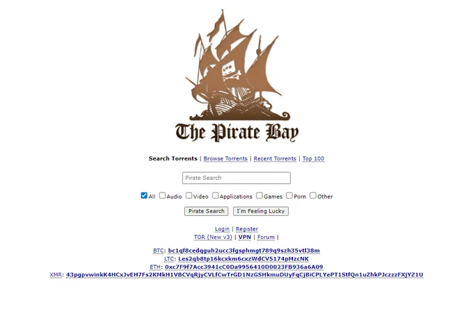 The Pirate Bay homepage in 2026