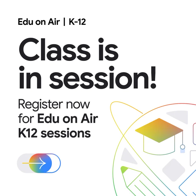A graphic with the text "Edu on Air | K-12 Class is in session! Register now for Edu on Air K12 sessions." It features colorful educational icons like a graduation cap and a pencil.