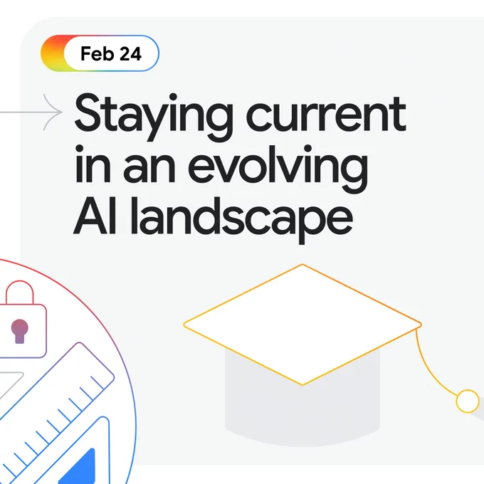 A graphic for February 24th titled "Staying current in an evolving AI landscape." The design includes a large outline of a graduation cap and a magnifying glass icon.