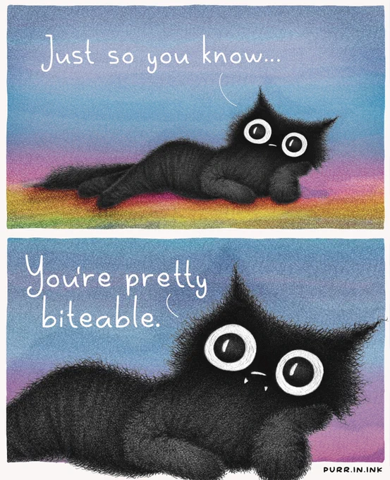 Two-panel comic.

Panel one: A fluffy black cat with huge round eyes lies stretched out on a rainbow-colored surface against a soft blue and pink gradient background. The text above reads, “Just so you know…”

Panel two: Close-up of the same wide-eyed cat, tiny fangs slightly visible, looking directly at the viewer. The text reads, “You’re pretty biteable.”