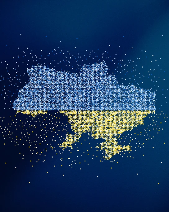 Image of the map of Ukraine. Each dot representing a Ukrainian casualty as of 2025.