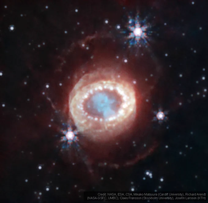 A supernova remnant. The center of the image contains a dense green cloud, shaped like a keyhole. Within this keyhole, there is a dark spot, composed of even denser gas. Outside of this cloud of gas is a ring of dense orange gas and dust that becomes more diffuse as farther away from the center. The innermost part of this dense orange ring contains brighter orange clumps of glowing gas. Outside of these structures, both above and below them, are very faint orange rings of gas and dust. There are several bright white stars, three of which show a six-pronged diffraction pattern brought about by the Webb space telescope. Several other white stars are strewn throughout the image. The image is watermarked \u201CCredit:NASA, ESA, CSA, Mikako Matsuura (Cardiff University), Richard Arendt (NASA-GSFC, UMBC), Claes Fransson (Stockholm University), Josefin Larsson (KTH).\u201D