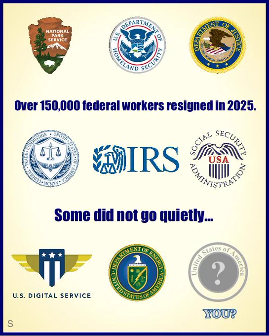 A color illustration. Shown are the US government agency logos for National Park Service, DHS, DOJ, FTC, IRS, Social Security, Department of Energy, and USDS. There is one more seal full of question marks.
Text reads "Over 150,000 federal workers resigned in 2025. Some did not go quietly…"
