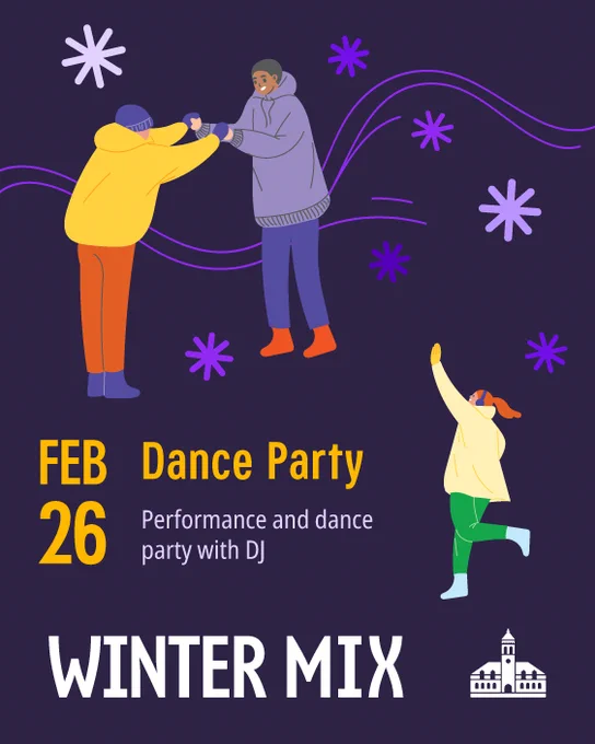 A promotional graphic for a "Winter Mix" dance party on February 26th. The design features illustrations of three individuals dancing joyfully. The background is dark with purple snowflakes and wavy lines. Text highlights a performance and dance party with a DJ. Displays City of Cambridge logo.