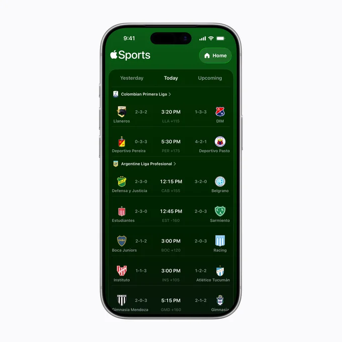 iPhone 17 Pro displaying the Apple Sports app with today’s schedule listed.