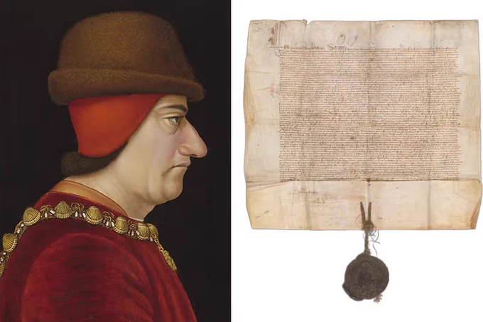 Left: A c.1469 portrait of the 'Spider King', Louis XI (Painting by Jacob de Litemont). Right: A 1463 letter patent of Louis XI; the Massey fragment likely originated as a document similar to this one