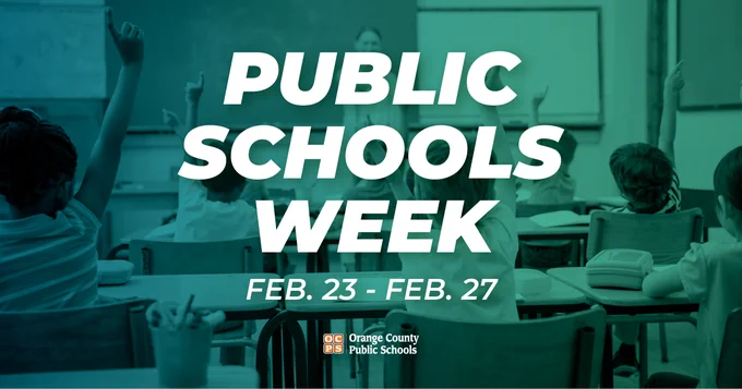 Graphic announcing Public Schools Week, featuring students seated at desks in a classroom. Large white text reads “PUBLIC SCHOOLS WEEK” with the dates “Feb. 23 – Feb. 27.” The Orange County Public Schools logo appears at the bottom.