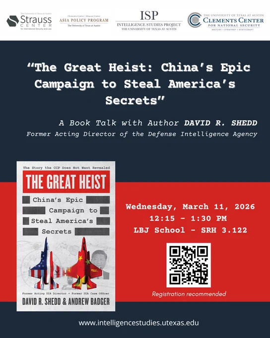 Book cover titled “The Great Heist.” The title appears in large white letters on a red banner at the top. Below, the subtitle reads “China's Epic Campaign to Steal America's Secrets,” styled like labeled file tabs on a gray background. In the center are small U.S. and Chinese flag-colored fighter jets situated parallel to each other. The authors’ names, David R. Shedd and Andrew Badger, appear at the bottom.