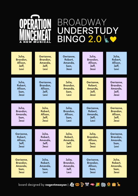 5x5 Broadway Understudy Bingo 2.0