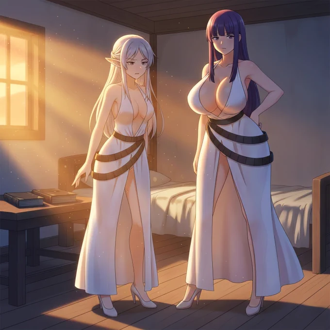 An anime-style digital illustration of Frieren and Fern from Sousou no Frieren in a bedroom setting. They are both wearing elegant, revealing white dresses with high slits and dark metallic bands around the waist and hips, inspired by Karen's outfit. Frieren, a white-haired elf, looks annoyed and uncomfortable, while Fern, with long purple hair, stands tall with a more neutral, confident expression. Warm sunlight streams through a window, illuminating the room and a nearby wooden table with books.