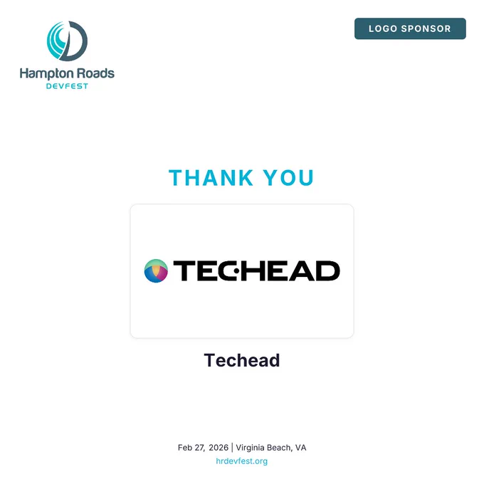 Thank you note for Techead as a logo sponsor of Hampton Roads DevFest, scheduled for February 27, 2026, in Virginia Beach.