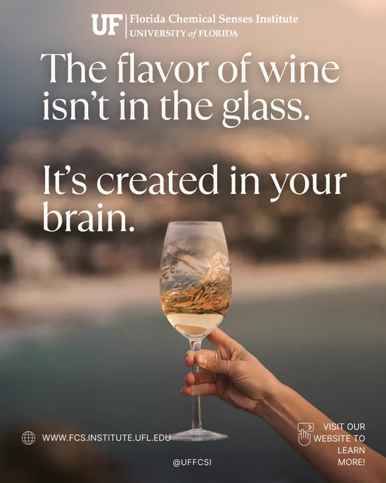 Image of a glass of wine with text that states, "The flavor of wine isn't in the glass. It's created in your brain."