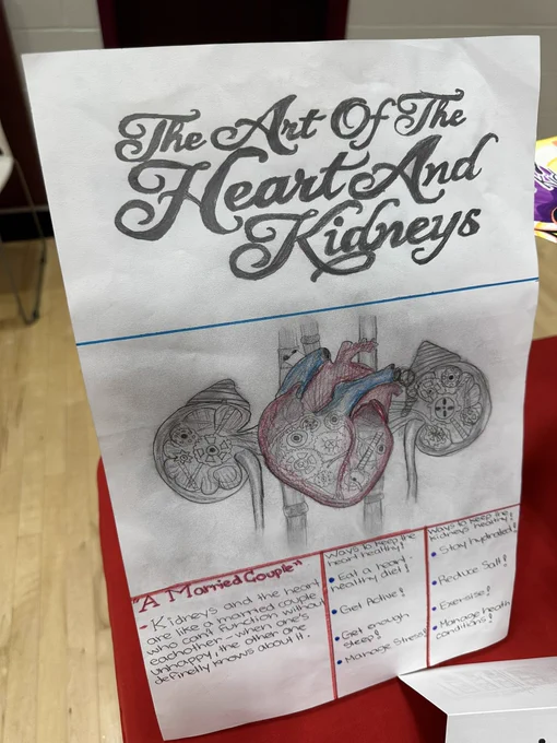 Poster with a central pencil-drawn image of a heart flanked by two kidneys in graphite with some blue and red coloring on the appropriate vessels on the heart.  Title says “The Art of the Heart and Kidneys” in a calligraphic script with smaller descriptive text below.