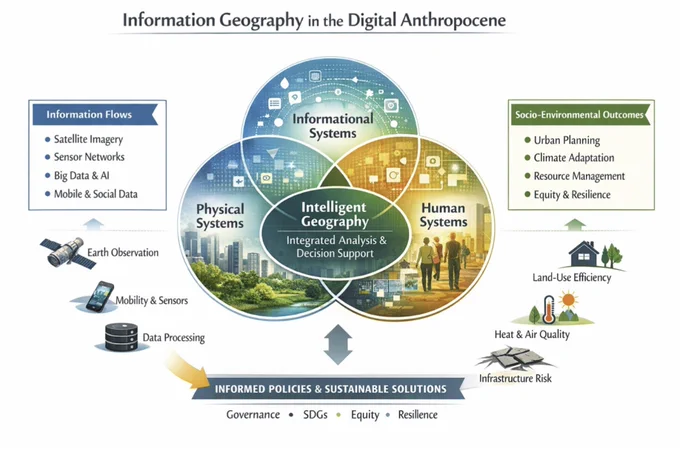 Figure 1. Conceptual framework illustrating how information flows derived from Earth observation, sensors, and digital data integrate physical, human, and informational systems through Intelligent Geography to support inclusive, data-driven decision-making and sustainable socio-environmental outcomes.