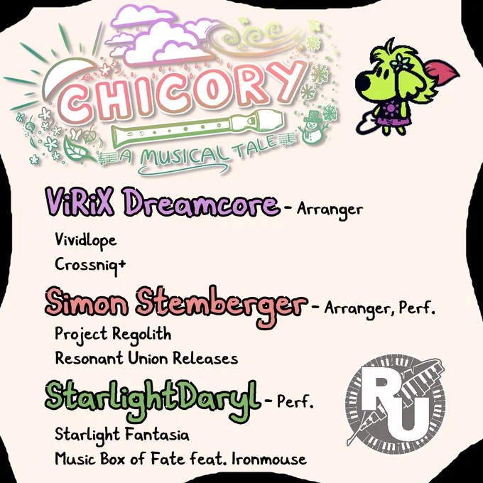 ViRiX Dreamcore - Arranger
Vividlope
Crossniq 

Simon Stemberger - Arranger, Performer
Project Regolith
Resonant Union Releases

StarlightDaryl - Performer
Starlight Fantasia
Music Box of Fate feat. Ironmouse