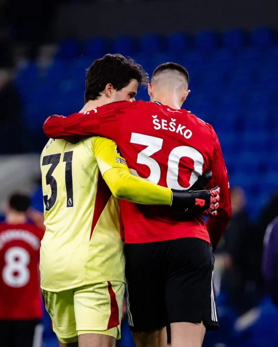 Senne Lammens and Benjamin Sesko pictured embracing after the win at Everton.