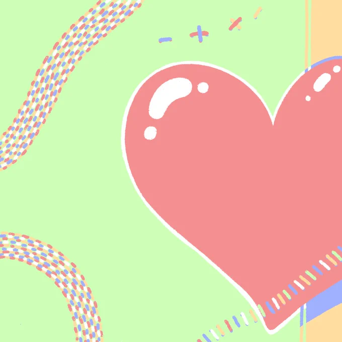 digital artwork with bright colours depicting a heart on a green background with various drawn stitches across the canvas.
