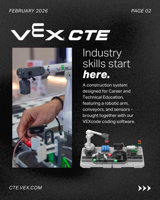 VEX CTE. Industry Skills start here. A construction system designed for Career and Technical Education, featuring a robotic arm, conveyors, and sensors - brought together with our VEXcode coding software.