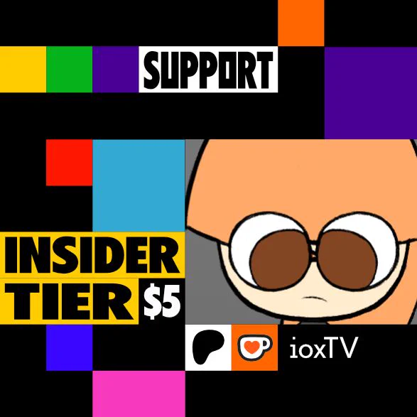 A picture of squares, with one saying "SUPPORT", "INSIDER TIER $5" and a sneak peak at Rebooting Fabi with the first Patreon/Ko-fi post being T-Shirt designs for the main character.