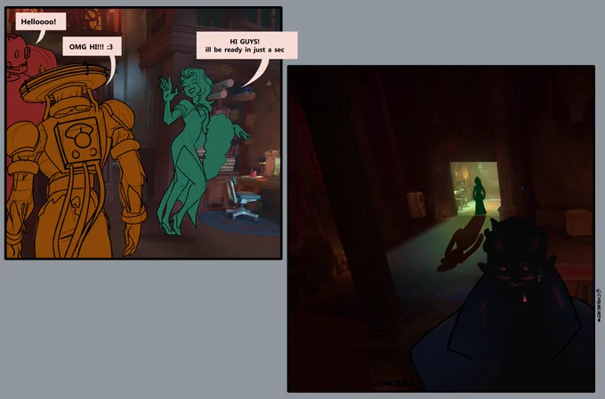 Two panel comic about Deadlock. The first panel shows a Bebop and Seven greeting Lady Geist, who's just loaded into the lobby. They say "Hellooooo!" and "OMG Hi!!!! :3". Shes running off screen, saying "Hi guys! ill be ready in just a sec"

The second panel is Lady Geist standing menacingly in the doorway of the big room where the dummy Abrams stands.  The dummy Abrams is lit only by his cigarette but he has a scared panic on his face cause hes about to get his Shit. Rocked. 