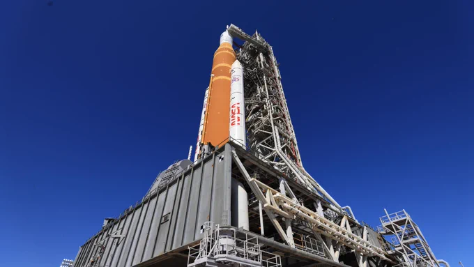 A side view shows NASA’s Artemis II SLS (Space Launch System) rocket and Orion spacecraft on mobile launch.er 1 at Launch Complex 39B at NASA’s Kennedy Space Center in Florida on Tuesday, Feb. 10, 2026.

Credit: NASA/Ben Smegelsky