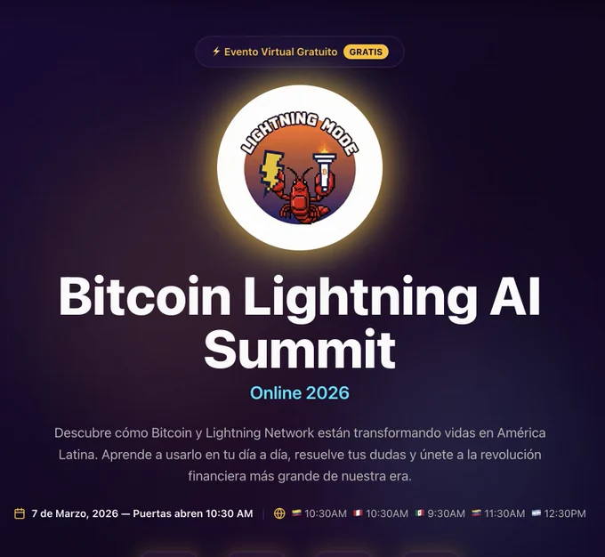 Bitcoin Lightning AI Summit , Primer evento en habla hispana sobre Lightning network y AI en 2026. Online y Gratuito!