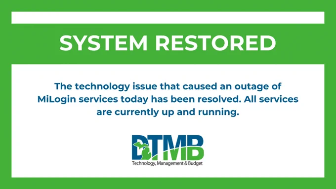 Graphic with text that reads: SYSTEM RESTORED The technology issue that caused an outage of MiLogin services today has been resolved. All services are currently up and running.