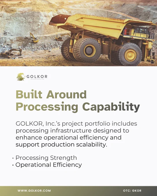 Large yellow haul truck operating within an open-pit gold mining site, with excavators working along terraced benches, representing Golkor, Inc.’s integrated processing capability, operational efficiency, and scalable mineral production infrastructure in established gold districts.