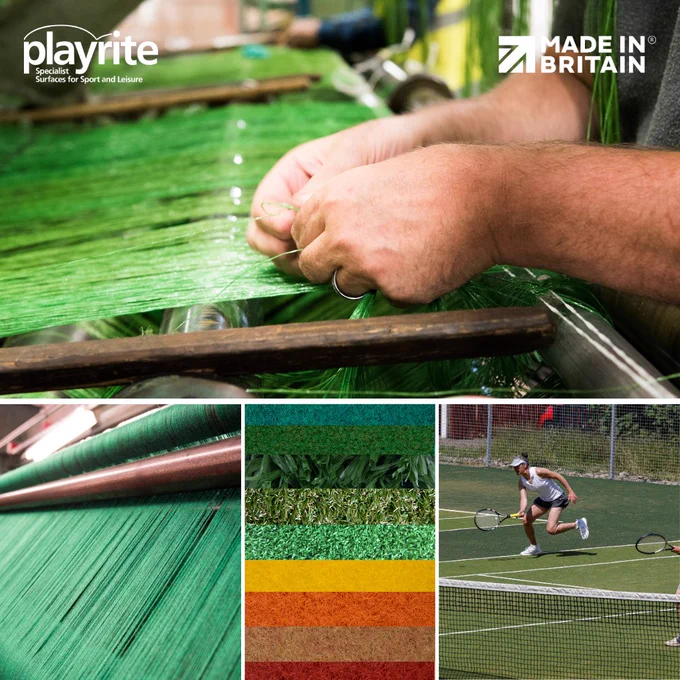 Close-up of hands weaving green synthetic grass fibres on a loom for sports surfaces production.