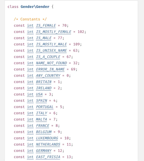 Screenshot of the PHP Gender\Gender class defining constants including IS_A_COUPLE, NAME_NOT_FOUND, ANY_COUNTRY, BRITAIN, IRELAND, USA, MALTA, BELGIUM, LUXEMBOURG, and EAST_FRISIA.