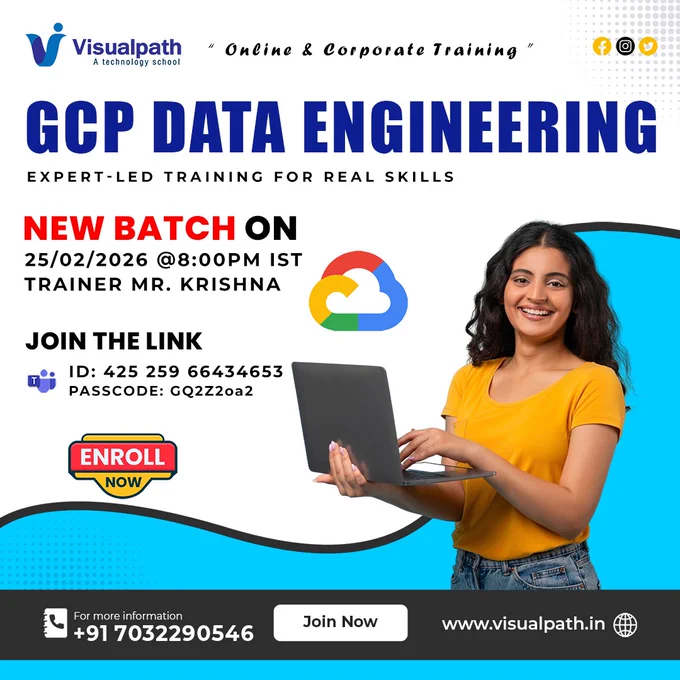 📊 Learn how data pipelines are built, scaled, and used in real systems.
👨‍🏫 Trainer: Mr. Krishna
📅 Date: 25/02/2026 (Wednesday)
⏰ Time: 8:00PM IST
🔗 Join Live: https://teams.microsoft.com/meet/42525966434653?p=YMEAREL6GPjcu6ZXpK 
🆔 Meeting ID: 425 259 66434653
🔐 Passcode: GQ2Z2oa2
What you’ll build in this batch:
• Data pipelines using GCP tools like BigQuery & Dataflow
• Real-time and batch data processing concepts
• Working with cloud storage and data orchestration
• Understanding how companies handle large-scale data
🎯 This batch is ideal for those who want hands-on data engineering skills on Google Cloud, not just theory.
📞 Contact:  91 7032290546
