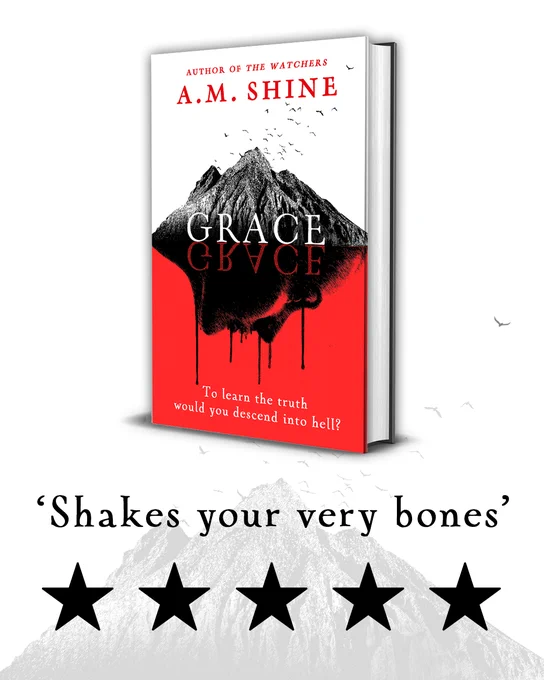 Book cover of 'Grace' by A.M. Shine alongside a five star reader review quote that reads: 'Shakes your very bones'