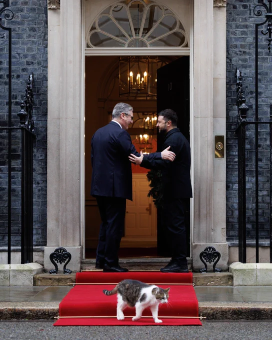 Prime Minister Keir Starmer and President of Ukraine Volodymyr Zelenskyy standing outside Number 10 on a red carpet. Larry the cat is walking in front of them.