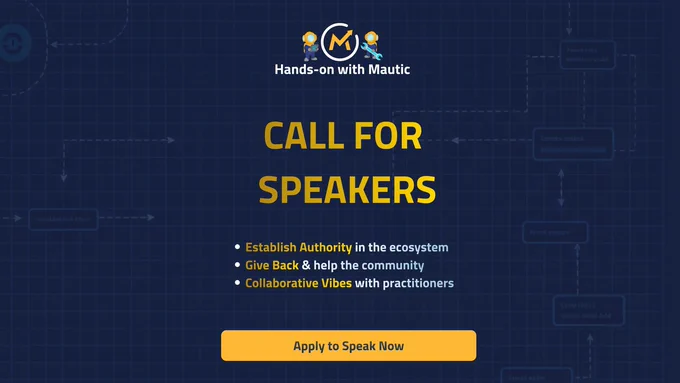 A digital poster titled "Hands-on with Mautic" featuring a call for speakers. The background is dark blue with a grid pattern. Key points highlighted include establishing authority, giving back to the community, and collaborative vibes with practitioners. A prominent "Apply to Speak Now" button is at the bottom.