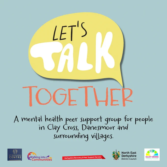 Yellow speech bubble with "Let's Talk" inside, above "Together" in red. Below, text promotes a mental health peer support group for Clay Cross and nearby areas. Logos of supporting organizations are at the bottom.