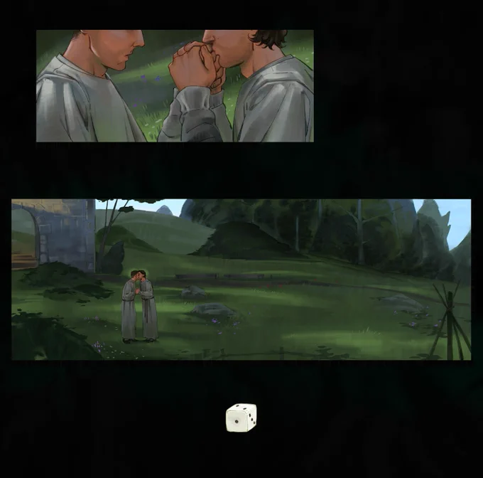 The artwork is split into two panels. The top panel shows a closeup of two men facing each other, cropped in close so that you can't see the top half of their heads. The man on the right is kissing the hand of the man on the left, who looks susprised. The bottom panel is a wide angle shot of a verdant grass field with a line of trees and shrubbery in the background. The two men are kissing gently while holding hands, a heart-shaped halo of light behind their heads. At the bottom of the illustration is a single white die, with the number 1 facing us.