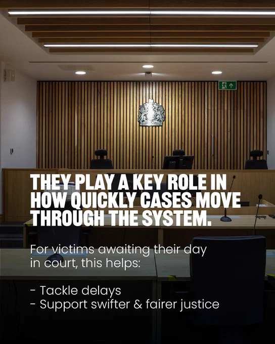 Image of a courtroom with chairs and a panel. 

Graphic text says:
'They play a key role in how quickly cases move through the system. 

For victims awaiting their day in court, this helps:
Tackle days and support swifter and fairer justice.