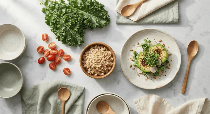 A fresh and vibrant food scene on a marble surface, featuring kale, cherry tomatoes, a bowl of quinoa, and a plate with avocado salad, evoking a healthy vibe.